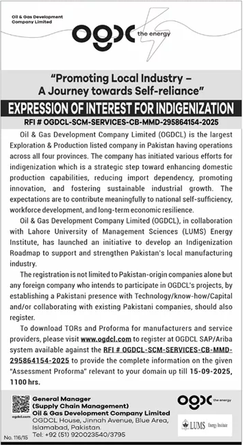 Oil & Gas Development Company Limited Islamabad Tender Notice